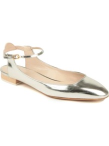 Angel Leather Pumps - predominant colour: gold; occasions: casual, evening, work, occasion; material: leather; heel height: flat; embellishment: buckles; ankle detail: ankle strap; toe: round toe; style: ballerinas / pumps; trends: metallics; finish: metallic; pattern: plain