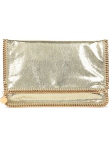 Falabella Clutch - predominant colour: gold; occasions: evening, occasion; type of pattern: standard; style: clutch; length: hand carry; size: small; material: suede; pattern: plain; trends: metallics; finish: metallic