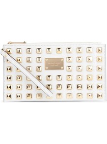 Pyramid Stud Zip Clutch - predominant colour: white; occasions: evening, occasion; type of pattern: standard; style: clutch; length: hand carry; size: standard; material: leather; embellishment: studs; trends: metallics; finish: plain; pattern: patterned/print