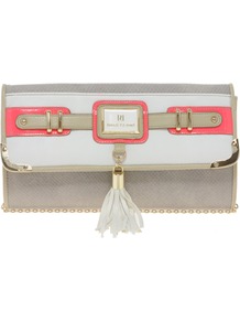 Neon Pink Tassel Front Clutch Bag - predominant colour: white; occasions: casual, evening, occasion, holiday; type of pattern: standard; style: clutch; length: hand carry; size: small; material: faux leather; pattern: plain; finish: plain; embellishment: chain/metal