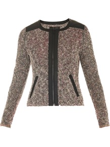 Lory Boucle Leather Trim Jacket - collar: round collar/collarless; style: boxy; shoulder detail: contrast pattern/fabric at shoulder; pattern: herringbone/tweed; predominant colour: chocolate brown; occasions: casual, evening, work; length: standard; fit: tailored/fitted; fibres: cotton - mix; waist detail: fitted waist; sleeve length: long sleeve; sleeve style: standard; collar break: high; pattern type: fabric; pattern size: small & light; texture group: woven light midweight
