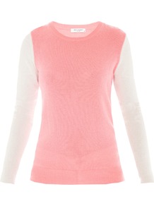 Shane Colour Block Cashmere Jumper - style: standard; shoulder detail: contrast pattern/fabric at shoulder; predominant colour: pink; occasions: casual, work; length: standard; fit: slim fit; neckline: crew; waist detail: fitted waist; fibres: cashmere - 100%; sleeve length: long sleeve; sleeve style: standard; texture group: knits/crochet; pattern type: knitted - fine stitch; pattern size: standard; pattern: colourblock