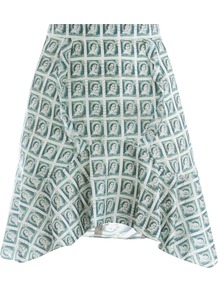 Stamp Print Silk Skirt - length: mid thigh; fit: tailored/fitted; waist detail: fitted waist; waist: high rise; predominant colour: dark green; occasions: evening; style: asymmetric (hem); fibres: silk - 100%; hip detail: soft pleats at hip/draping at hip/flared at hip; texture group: sheer fabrics/chiffon/organza etc.; trends: statement prints; pattern type: fabric; pattern size: standard; pattern: patterned/print