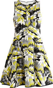 Isosceles Print Skater Dress - sleeve style: sleeveless; waist detail: fitted waist; predominant colour: yellow; occasions: evening; length: just above the knee; fit: fitted at waist & bust; style: fit & flare; fibres: silk - mix; neckline: crew; hip detail: soft pleats at hip/draping at hip/flared at hip; sleeve length: sleeveless; trends: fluorescent, modern geometrics; pattern type: fabric; pattern size: small & busy; pattern: patterned/print; texture group: jersey - stretchy/drapey