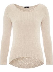Shiny Knitted Jumper Cream - neckline: round neck; style: standard; predominant colour: ivory; occasions: casual, work; length: standard; fibres: acrylic - mix; fit: standard fit; back detail: longer hem at back than at front; sleeve length: long sleeve; sleeve style: standard; texture group: knits/crochet; pattern type: knitted - other; pattern size: standard; pattern: patterned/print