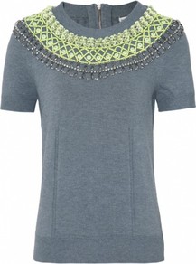 Grey Liya Embellished Sweater Uk - neckline: round neck; pattern: plain; bust detail: added detail/embellishment at bust; style: standard; predominant colour: mid grey; occasions: casual, evening, work; length: standard; fibres: polyester/polyamide - mix; fit: standard fit; shoulder detail: added shoulder detail; sleeve length: short sleeve; sleeve style: standard; texture group: knits/crochet; pattern type: knitted - fine stitch; pattern size: small & light; embellishment: beading