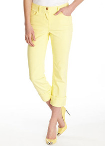 Yellow Denim Crops - pattern: plain; pocket detail: traditional 5 pocket; waist: mid/regular rise; predominant colour: primrose yellow; occasions: casual, holiday; length: calf length; fibres: cotton - stretch; jeans & bottoms detail: turn ups; texture group: denim; fit: slim leg; pattern type: fabric; pattern size: standard; style: standard