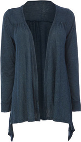 Blue Textured Jersey Waterfall Cardigan - pattern: plain; neckline: waterfall neck; length: below the bottom; bust detail: ruching/gathering/draping/layers/pintuck pleats at bust; style: open front; predominant colour: navy; occasions: casual, work; fibres: polyester/polyamide - mix; fit: loose; hip detail: dip hem; sleeve length: long sleeve; sleeve style: standard; pattern type: fabric; pattern size: standard; texture group: jersey - stretchy/drapey