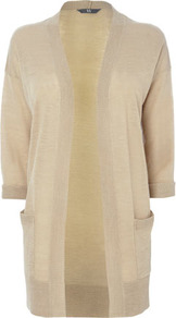 Stone Linen Blend Edge To Egde Cardigan - hip detail: front pockets at hip; neckline: collarless open; style: open front; predominant colour: stone; occasions: casual, work; fibres: acrylic - mix; fit: loose; length: mid thigh; sleeve length: half sleeve; sleeve style: standard; texture group: knits/crochet; pattern type: knitted - fine stitch; pattern size: standard