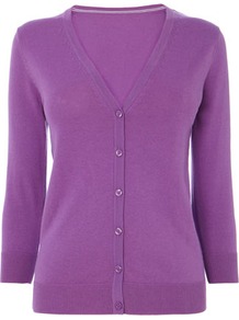 Purple Cotton Rich V Neck Cardigan - neckline: low v-neck; predominant colour: purple; occasions: casual, work; length: standard; style: standard; fibres: cotton - mix; fit: standard fit; sleeve length: 3/4 length; sleeve style: standard; texture group: knits/crochet; pattern type: knitted - fine stitch; pattern size: standard