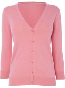 Rose Pink Cotton Rich V Neck Cardigan - neckline: low v-neck; predominant colour: pink; occasions: casual, work; length: standard; style: standard; fibres: cotton - mix; fit: standard fit; sleeve length: 3/4 length; sleeve style: standard; texture group: knits/crochet; pattern type: knitted - fine stitch; pattern size: standard