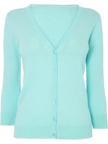Light Turquoise Cotton Rich V Neck Cardigan - neckline: v-neck; pattern: plain; predominant colour: turquoise; occasions: casual, work; length: standard; style: standard; fibres: cotton - mix; fit: slim fit; waist detail: fitted waist; sleeve length: 3/4 length; sleeve style: standard; texture group: knits/crochet; pattern type: knitted - fine stitch; pattern size: standard