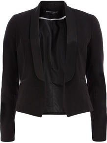 Black Satin Trim Crop Tux - pattern: plain; style: single breasted tuxedo; collar: standard lapel/rever collar; predominant colour: black; occasions: casual, evening, work; length: standard; fit: tailored/fitted; fibres: polyester/polyamide - mix; sleeve length: long sleeve; sleeve style: standard; trends: tuxedo; collar break: low/open; pattern type: fabric; texture group: other - light to midweight