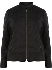 Black Pu Stitch Detail Biker Jacket - pattern: plain; style: biker; collar: high neck; fit: slim fit; predominant colour: black; occasions: casual, evening, work; length: standard; fibres: polyester/polyamide - 100%; sleeve length: long sleeve; sleeve style: standard; texture group: leather; collar break: high; pattern type: fabric; pattern size: standard
