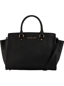 Selma Travel Satchel Handbag - predominant colour: black; occasions: casual, evening, work; type of pattern: standard; style: tote; length: handle; size: standard; material: leather; pattern: plain; finish: plain
