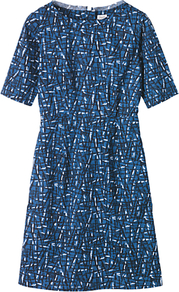 Ayo Printed Dress, Blue Print - style: shift; neckline: slash/boat neckline; fit: tailored/fitted; waist detail: fitted waist; predominant colour: royal blue; occasions: casual, evening, work; length: just above the knee; fibres: cotton - 100%; sleeve length: half sleeve; sleeve style: standard; texture group: cotton feel fabrics; trends: statement prints, modern geometrics; pattern type: fabric; pattern size: small & busy; pattern: patterned/print