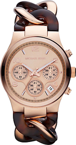 Mk4269 Women's Tortoiseshell Chronograph Runway Watch - predominant colour: gold; occasions: casual, evening, work, occasion, holiday; style: metal bracelet; size: large/oversized; material: chain/metal; trends: sporty redux; finish: plain; pattern: tortoiseshell; embellishment: chain/metal