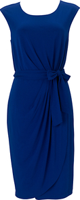 Natalia Dress - style: shift; neckline: round neck; sleeve style: capped; fit: tailored/fitted; pattern: plain; waist detail: belted waist/tie at waist/drawstring; bust detail: ruching/gathering/draping/layers/pintuck pleats at bust; predominant colour: royal blue; occasions: evening, work, occasion; length: on the knee; fibres: viscose/rayon - stretch; hip detail: soft pleats at hip/draping at hip/flared at hip; sleeve length: short sleeve; trends: glamorous day shifts; pattern type: fabric; pattern size: standard; texture group: jersey - stretchy/drapey