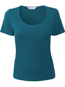 Short Sleeve Jersey Top, Teal - pattern: plain; waist detail: fitted waist; style: t-shirt; predominant colour: teal; occasions: casual, work; length: standard; neckline: scoop; fibres: cotton - stretch; fit: body skimming; sleeve length: short sleeve; sleeve style: standard; pattern type: fabric; pattern size: standard; texture group: jersey - stretchy/drapey