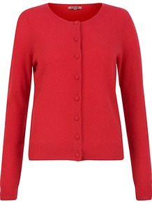Cashmere Cardigan - neckline: round neck; pattern: plain; bust detail: buttons at bust (in middle at breastbone)/zip detail at bust; predominant colour: true red; occasions: casual, work; length: standard; style: standard; fit: standard fit; fibres: cashmere - 100%; sleeve length: long sleeve; sleeve style: standard; texture group: knits/crochet; pattern type: knitted - fine stitch; pattern size: standard