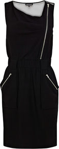 Biker Zip Dress - style: shift; neckline: high square neck; fit: fitted at waist; pattern: plain; sleeve style: sleeveless; waist detail: elasticated waist; hip detail: side pockets at hip; back detail: contrast pattern/fabric at back; bust detail: ruching/gathering/draping/layers/pintuck pleats at bust; predominant colour: black; occasions: casual, evening, work, occasion; length: just above the knee; fibres: polyester/polyamide - stretch; shoulder detail: added shoulder detail; sleeve length: sleeveless; trends: sporty redux; pattern type: fabric; pattern size: standard; texture group: jersey - stretchy/drapey