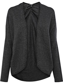 Gathered Batwing Cardigan - pattern: plain; neckline: collarless open; style: open front; predominant colour: charcoal; occasions: casual, work; length: standard; fibres: cotton - mix; fit: loose; back detail: longer hem at back than at front; sleeve length: long sleeve; sleeve style: standard; texture group: knits/crochet; pattern type: knitted - fine stitch; pattern size: standard