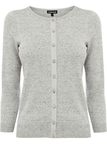 Woven Trim Cardigan - neckline: round neck; pattern: plain; bust detail: buttons at bust (in middle at breastbone)/zip detail at bust; predominant colour: light grey; occasions: casual, work; length: standard; style: standard; fibres: cotton - mix; fit: slim fit; sleeve length: 3/4 length; sleeve style: standard; texture group: knits/crochet; pattern type: knitted - fine stitch; pattern size: standard
