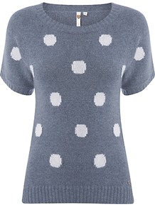 Rococo Spotted Jumper - neckline: round neck; pattern: polka dot; style: standard; predominant colour: mid grey; occasions: casual, work; length: standard; fibres: wool - mix; fit: slim fit; waist detail: fitted waist; sleeve length: short sleeve; sleeve style: standard; texture group: knits/crochet; pattern type: knitted - fine stitch; pattern size: big & light