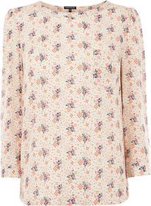 Geo Rose T Shirt - neckline: round neck; style: t-shirt; predominant colour: blush; occasions: casual, evening, work; length: standard; fibres: polyester/polyamide - 100%; fit: straight cut; sleeve length: 3/4 length; sleeve style: standard; texture group: sheer fabrics/chiffon/organza etc.; pattern type: fabric; pattern size: small & busy; pattern: florals