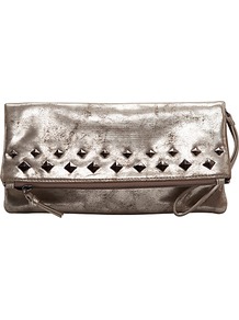 Studded Metallic Clutch Handbag - predominant colour: silver; occasions: evening, occasion; type of pattern: small; style: clutch; length: hand carry; size: small; material: faux leather; embellishment: studs; pattern: plain; trends: metallics; finish: metallic