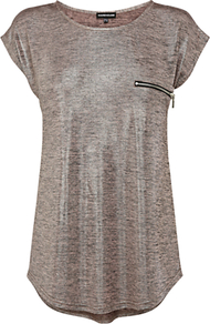 Metallic Knitted T Shirt - neckline: round neck; sleeve style: dolman/batwing; pattern: plain; style: t-shirt; bust detail: pocket detail at bust; predominant colour: taupe; occasions: casual, evening, work; length: standard; fibres: polyester/polyamide - stretch; fit: loose; sleeve length: short sleeve; trends: metallics; pattern type: fabric; pattern size: standard; texture group: jersey - stretchy/drapey