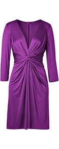 Amethyst Deep V Neck Silk Jersey Dress - style: shift; neckline: plunge; fit: tailored/fitted; pattern: plain; waist detail: twist front waist detail/nipped in at waist on one side/soft pleats/draping/ruching/gathering waist detail; bust detail: ruching/gathering/draping/layers/pintuck pleats at bust; predominant colour: purple; occasions: evening, occasion; length: on the knee; fibres: silk - 100%; hip detail: soft pleats at hip/draping at hip/flared at hip; sleeve length: 3/4 length; sleeve style: standard; texture group: silky - light; trends: glamorous day shifts; pattern type: fabric; pattern size: standard