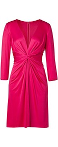 Fuchsia Deep V Neck Silk Jersey Dress - style: shift; neckline: plunge; pattern: plain; waist detail: twist front waist detail/nipped in at waist on one side/soft pleats/draping/ruching/gathering waist detail; bust detail: ruching/gathering/draping/layers/pintuck pleats at bust; predominant colour: hot pink; occasions: evening, occasion; length: just above the knee; fit: body skimming; fibres: silk - 100%; hip detail: soft pleats at hip/draping at hip/flared at hip; sleeve length: 3/4 length; sleeve style: standard; texture group: silky - light; trends: glamorous day shifts; pattern type: fabric; pattern size: standard