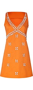 Orange Seashell Embroidered Cotton Blend Dress - style: a-line; neckline: low v-neck; fit: tailored/fitted; sleeve style: sleeveless; bust detail: added detail/embellishment at bust; predominant colour: bright orange; occasions: casual, evening, occasion, holiday; length: just above the knee; fibres: cotton - mix; sleeve length: sleeveless; texture group: silky - light; pattern type: fabric; pattern size: light/subtle; pattern: patterned/print; embellishment: beading