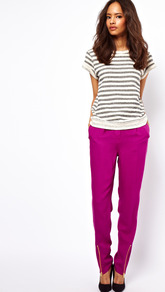 Peg Trousers With Zip Front Detail - length: standard; pattern: plain; pocket detail: small back pockets; style: peg leg; waist: mid/regular rise; predominant colour: magenta; occasions: casual, evening, work; fibres: polyester/polyamide - 100%; texture group: crepes; fit: tapered; pattern type: fabric; pattern size: big & light