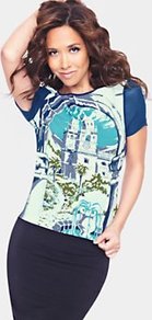 Button Back Printed Blouse, Blue - neckline: round neck; style: blouse; shoulder detail: contrast pattern/fabric at shoulder; predominant colour: royal blue; occasions: casual, work, holiday; length: standard; fibres: polyester/polyamide - stretch; fit: body skimming; sleeve length: short sleeve; sleeve style: standard; pattern type: fabric; pattern size: big & busy; pattern: patterned/print; texture group: jersey - stretchy/drapey