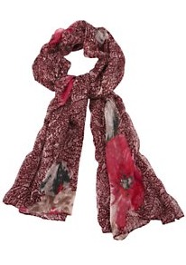 Floral Print Scarf - predominant colour: burgundy; occasions: casual, evening, work, occasion; type of pattern: standard; style: regular; size: standard; material: fabric; pattern: florals, patterned/print; trends: high impact florals, statement prints