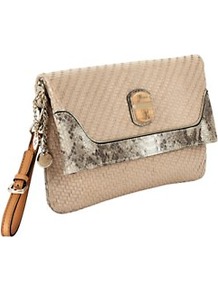Makala Woven Clutch Bag - predominant colour: stone; occasions: casual, evening, occasion, holiday; type of pattern: light; style: clutch; length: hand carry; size: standard; material: leather; pattern: animal print, plain; finish: plain; embellishment: chain/metal