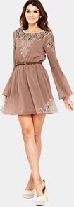 Angel Sleeve Dress With Belt - length: mid thigh; neckline: round neck; sleeve style: angel/waterfall; fit: fitted at waist; pattern: plain; style: blouson; waist detail: fitted waist; shoulder detail: contrast pattern/fabric at shoulder; back detail: contrast pattern/fabric at back; predominant colour: taupe; occasions: evening, occasion, holiday; fibres: polyester/polyamide - 100%; hip detail: soft pleats at hip/draping at hip/flared at hip; bust detail: contrast pattern/fabric/detail at bust; sleeve length: long sleeve; texture group: lace; pattern type: fabric; pattern size: standard