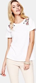 Tshirt, White - neckline: round neck; style: t-shirt; predominant colour: white; occasions: casual, evening, work; length: standard; fibres: cotton - stretch; fit: straight cut; shoulder detail: added shoulder detail; sleeve length: short sleeve; sleeve style: standard; pattern type: fabric; pattern size: light/subtle; texture group: jersey - stretchy/drapey; embellishment: beading