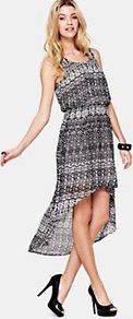 Printed Dress, Black - neckline: round neck; sleeve style: standard vest straps/shoulder straps; fit: fitted at waist; waist detail: elasticated waist; predominant colour: charcoal; occasions: casual, evening, holiday; length: just above the knee; style: asymmetric (hem); fibres: polyester/polyamide - 100%; hip detail: soft pleats at hip/draping at hip/flared at hip; back detail: longer hem at back than at front; sleeve length: sleeveless; texture group: sheer fabrics/chiffon/organza etc.; pattern type: fabric; pattern size: standard; pattern: patterned/print