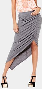 Ruched Jersey Skirt, Grey - pattern: plain; fit: tight; waist detail: elasticated waist, fitted waist, twist front waist detail/nipped in at waist on one side/soft pleats/draping/ruching/gathering waist detail; hip detail: fitted at hip, ruching/gathering at hip; waist: mid/regular rise; predominant colour: mid grey; occasions: casual, evening, work, holiday; length: just above the knee; style: asymmetric (hem); fibres: polyester/polyamide - stretch; texture group: jersey - clingy; pattern type: fabric; pattern size: standard