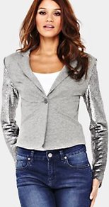 Sequin Sleeve Jersey Blazer, Grey - style: single breasted blazer; fit: slim fit; collar: standard lapel/rever collar; shoulder detail: contrast pattern/fabric at shoulder; predominant colour: light grey; occasions: casual, evening; length: standard; fibres: polyester/polyamide - stretch; sleeve length: long sleeve; sleeve style: standard; collar break: medium; pattern type: fabric; pattern size: standard; texture group: jersey - stretchy/drapey; embellishment: sequins
