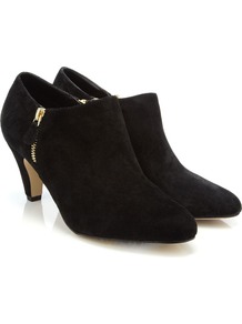 Folly Shoe Boot - predominant colour: black; occasions: casual, evening, work; material: suede; heel height: mid; embellishment: zips; heel: standard; toe: round toe; boot length: shoe boot; style: standard; finish: plain; pattern: plain