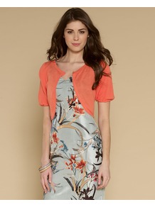 Tatum Diamante Shrug - neckline: round neck; pattern: plain; style: bolero/shrug; length: cropped; sleeve style: balloon; bust detail: buttons at bust (in middle at breastbone)/zip detail at bust; predominant colour: bright orange; occasions: casual, evening, work, occasion, holiday; fibres: polyester/polyamide - 100%; fit: standard fit; sleeve length: short sleeve; texture group: knits/crochet; trends: fluorescent; pattern type: knitted - fine stitch; pattern size: standard