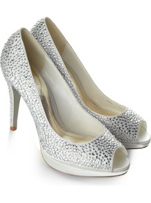 Barbados Shoe - predominant colour: silver; occasions: evening, occasion; material: fabric; heel height: high; embellishment: crystals; heel: platform; toe: open toe/peeptoe; style: courts; trends: metallics; finish: metallic; pattern: plain