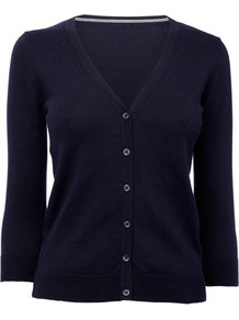 Navy Petite ¾ Sleeve Cardigan - neckline: v-neck; pattern: plain; predominant colour: navy; occasions: casual, work; length: standard; style: standard; fibres: cotton - mix; fit: slim fit; sleeve length: 3/4 length; sleeve style: standard; texture group: knits/crochet; pattern type: knitted - other; pattern size: standard