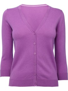 Purple Petite ¾ Sleeve Cardigan - neckline: low v-neck; pattern: plain; bust detail: buttons at bust (in middle at breastbone)/zip detail at bust; predominant colour: magenta; occasions: casual, work; length: standard; style: standard; fibres: cotton - mix; fit: slim fit; waist detail: fitted waist; sleeve length: 3/4 length; sleeve style: standard; texture group: knits/crochet; pattern type: fabric; pattern size: standard
