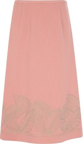 Coral Leaf Embroidered Skirt - pattern: plain; fit: tailored/fitted; waist: high rise; predominant colour: coral; occasions: evening, occasion; length: on the knee; style: a-line; fibres: polyester/polyamide - 100%; pattern type: fabric; pattern size: standard; texture group: woven light midweight; embellishment: embroidered