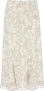 Leaf Print Skirt - length: calf length; style: bias cut; waist: high rise; fit: bias; predominant colour: stone; occasions: casual, occasion; fibres: polyester/polyamide - 100%; hip detail: soft pleats at hip/draping at hip/flared at hip; waist detail: narrow waistband; texture group: sheer fabrics/chiffon/organza etc.; pattern type: fabric; pattern size: standard; pattern: florals